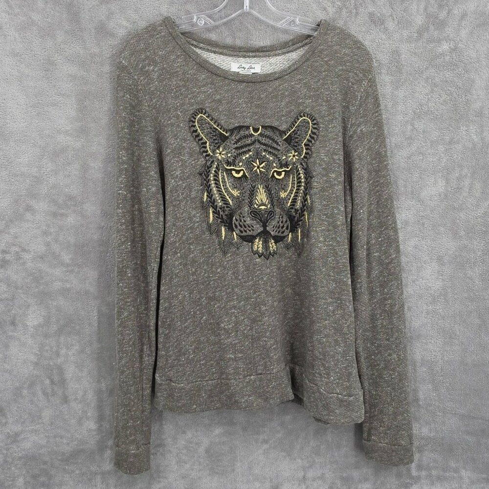 Lucky Lotus Tiger Sweater M Marled Green Black Metallic Gold Embroidered Cotton